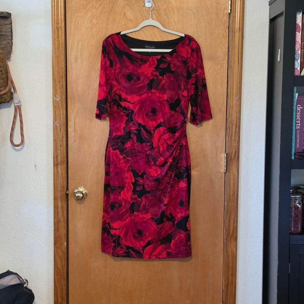 Connected Apparel Red Rose Floral Faux Wrap Ruched Dress TJR70751M Womens 12